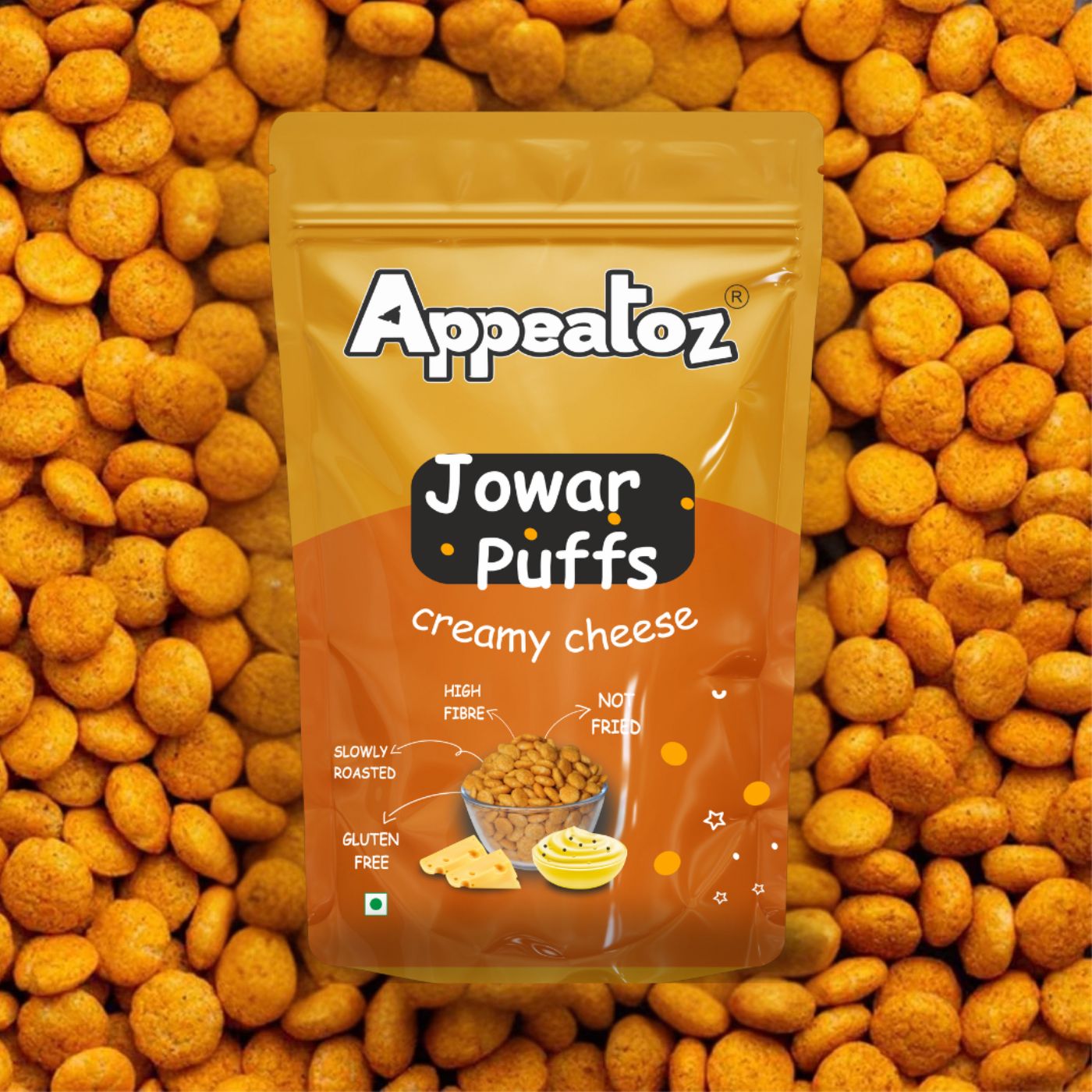 jowar puffs creamy cheese with background showing ingredients