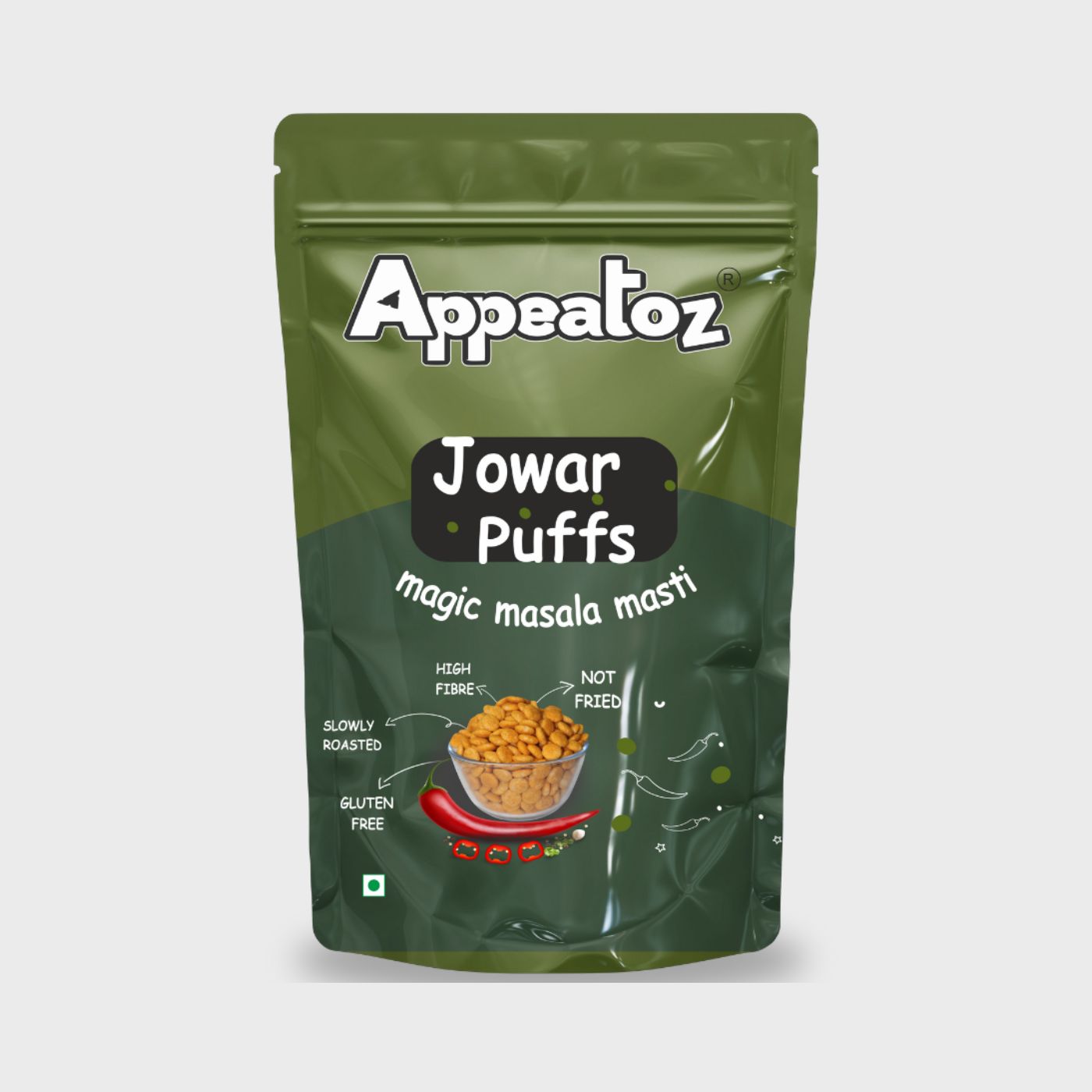 jowar puffs magic masala masti front view showing packaging and flavor