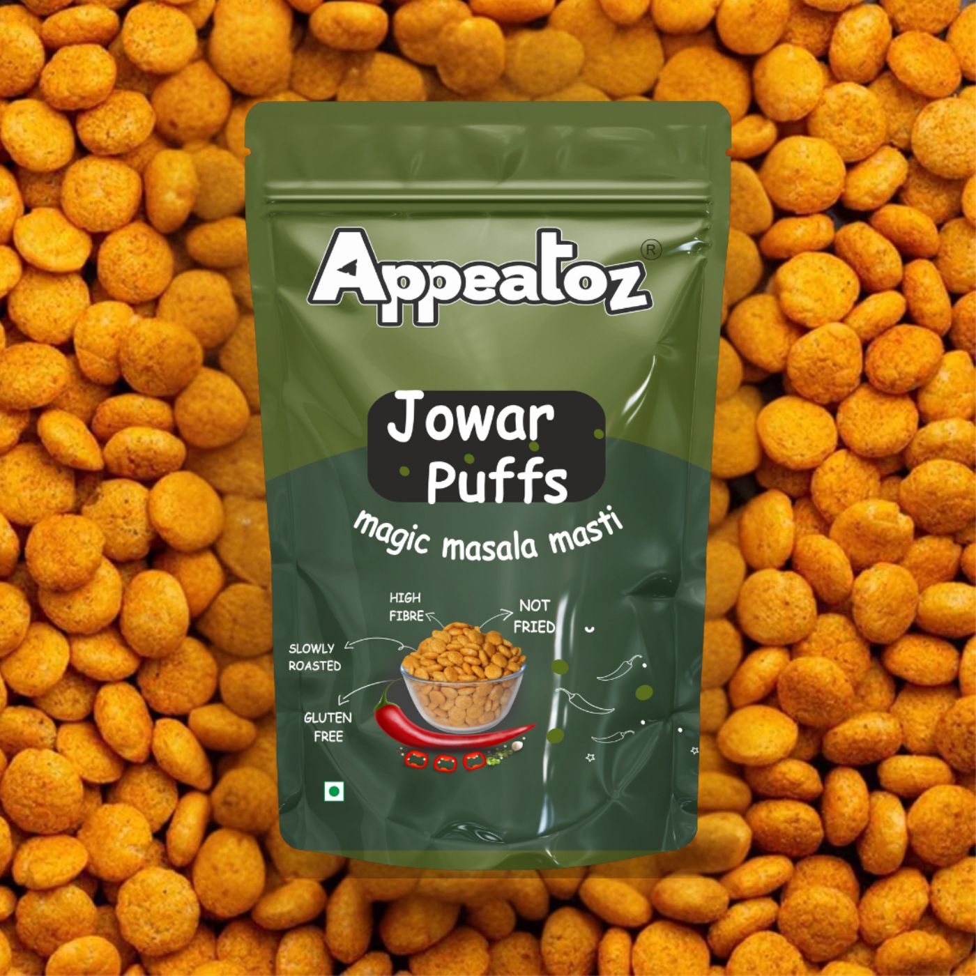 jowar puffs magic masala masti with background showing ingredients