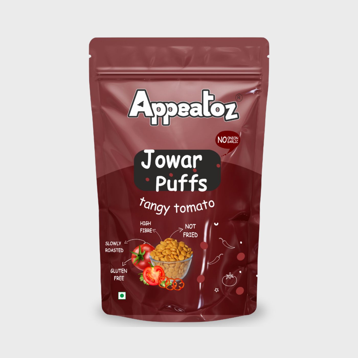 jowar puffs tangy tomato front view showing packaging and flavor