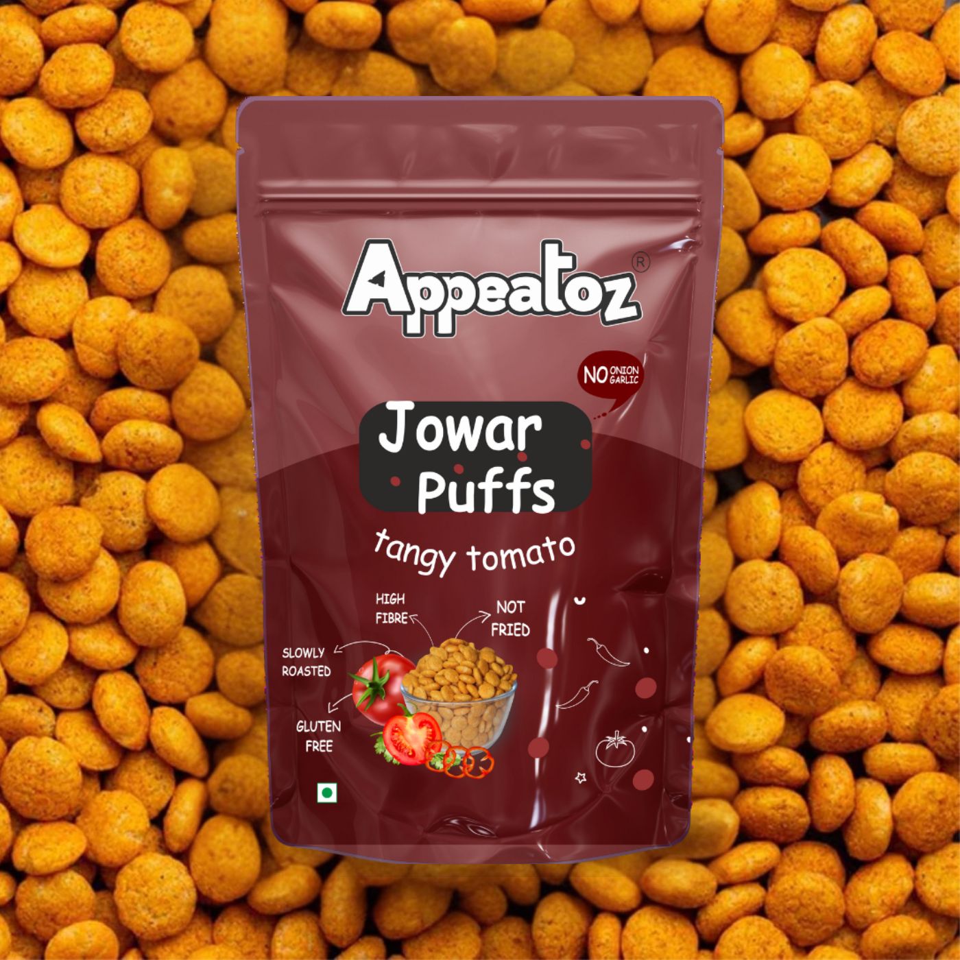 jowar puffs tangy tomato with background showing ingredients