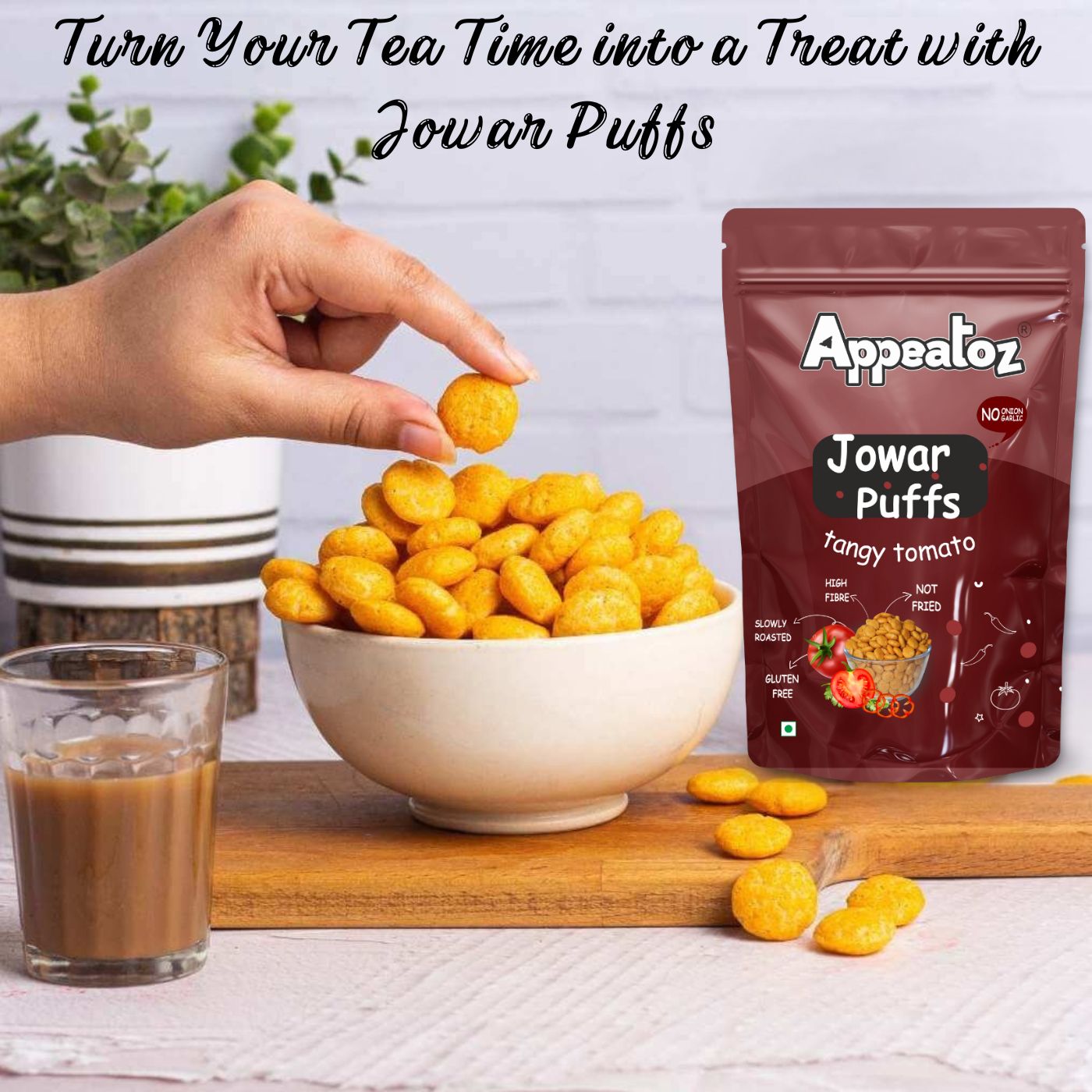 jowar puffs tangy tomato flavor with tea