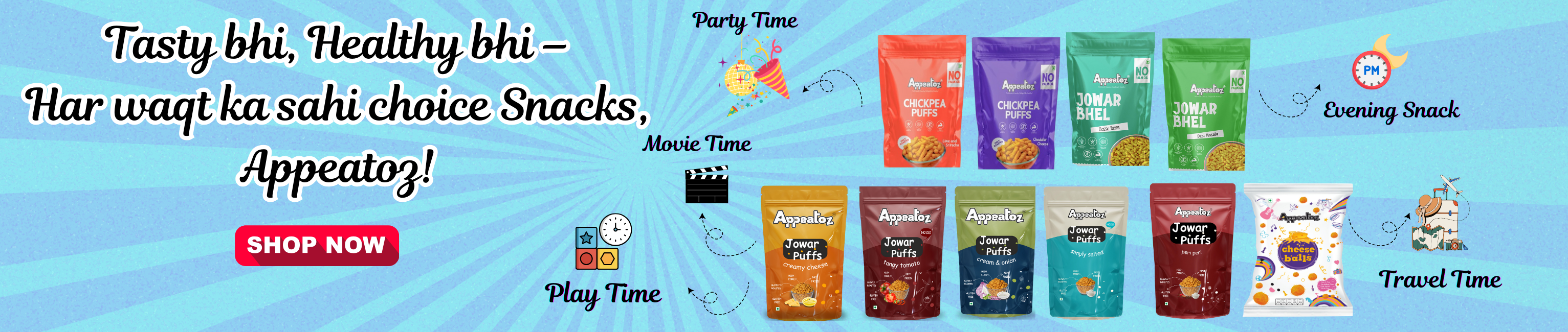 Promotional banner for snacks with various packaging and icons indicating different times of the day.