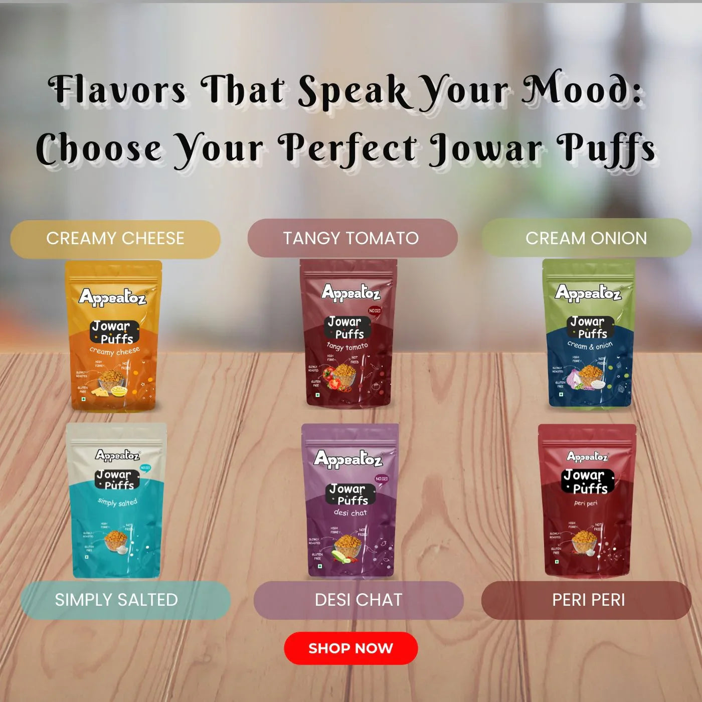 appeatoz jowar puffs flavors creamy cheese tangy tomato cream onion simply salted desi chat peri peri