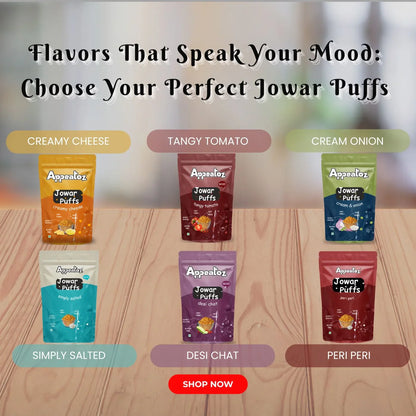 appeatoz jowar puffs flavors creamy cheese tangy tomato cream onion simply salted desi chat peri peri