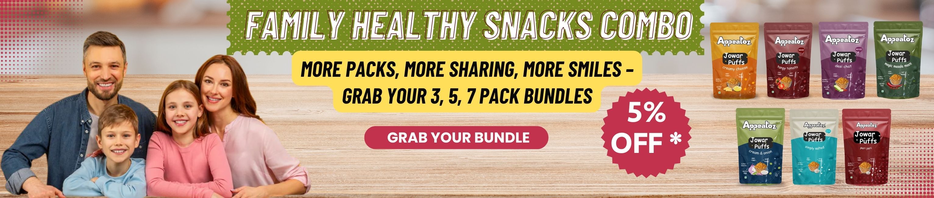 Family healthy snacks combo with family sitting together and various snack packages displayed.