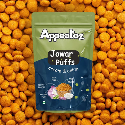 jowar puffs cream and onion with background showing ingredients