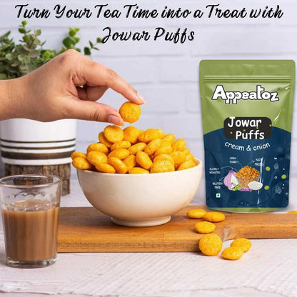 jowar puffs cream and onion flavor with tea