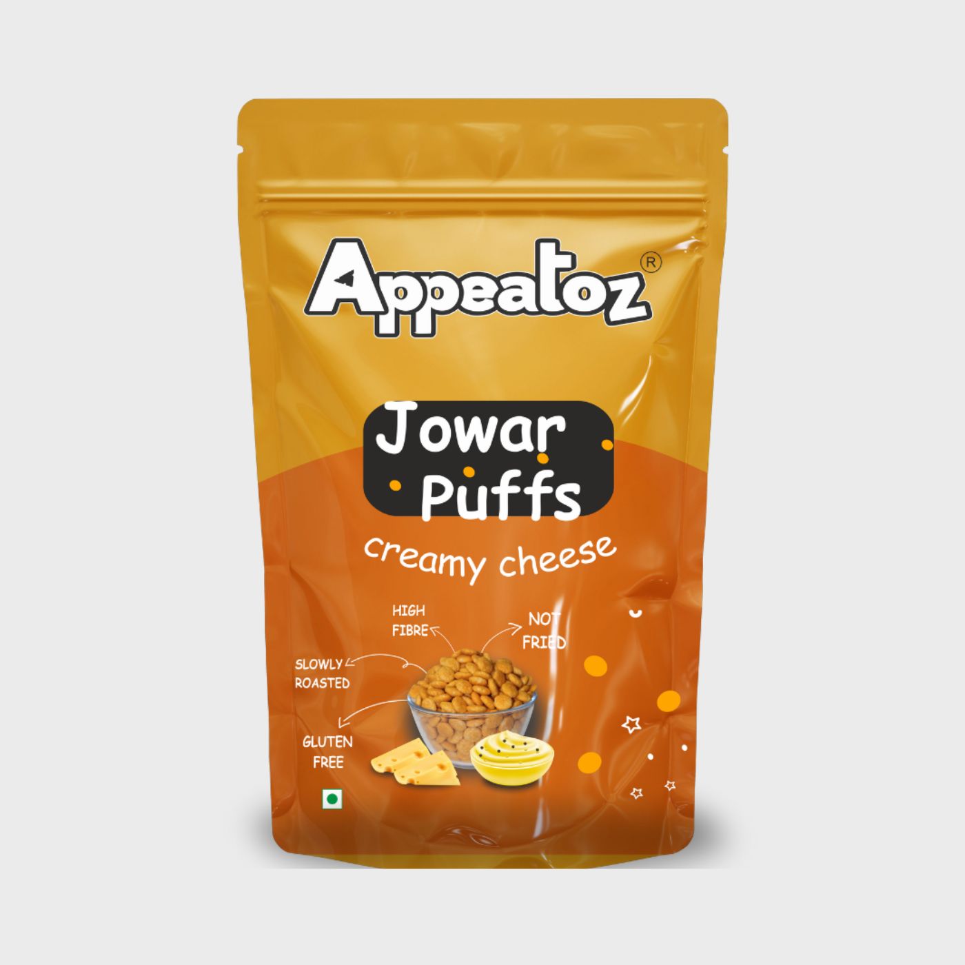 jowar puffs creamy cheese front view showing packaging and flavor