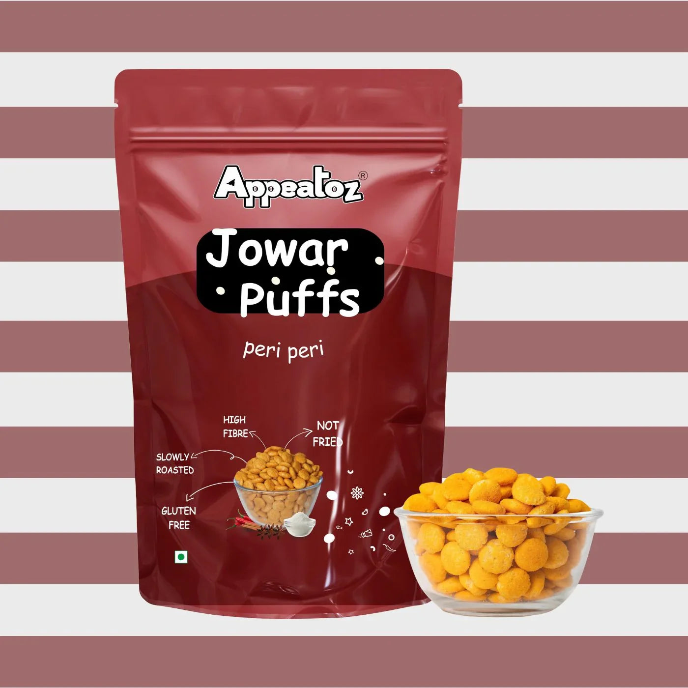 serving jowar puffs peri peri in a bowl