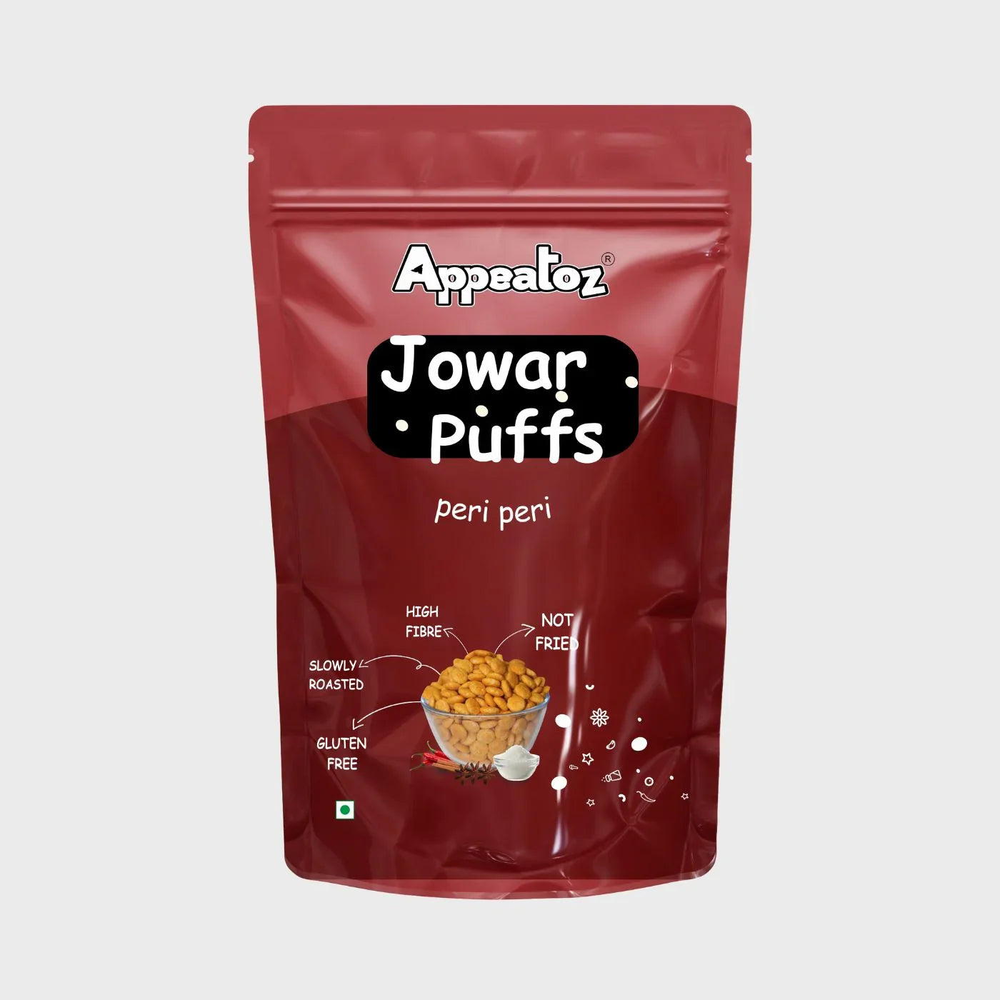 jowar puffs peri peri front view showing packaging and flavor

