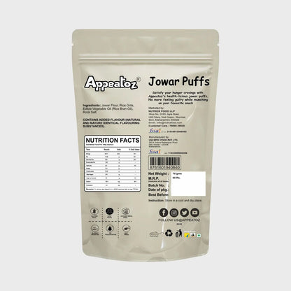 Appeator Jowar Puffs packaging with nutrition facts label on a white background
